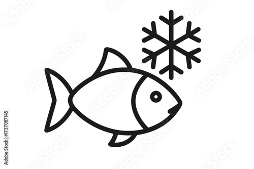 Frozen fish vector icon. Seafood freezing linear symbol. Cold food storage pictogram. Fresh fish market outline sign for grocery packaging, app, and web design. Raw seafood.
