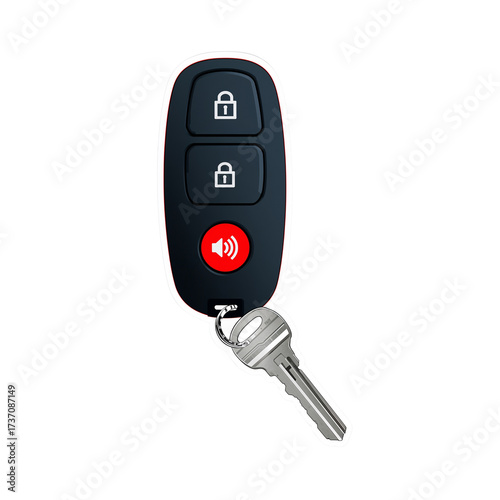 Automotive key fob with remote central locking and alarm system illustration in black background