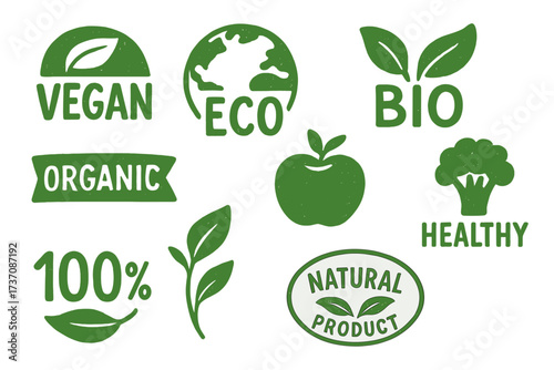 Set of green grunge style food labels. Vegan, eco, bio, organic, and 100% natural product stamps. Healthy food badges, tags for packaging. Vector icon collection for cafe.