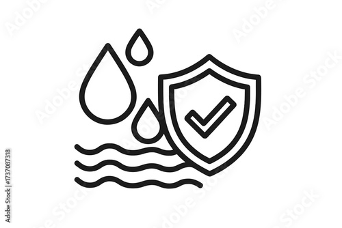 Waterproof vector icon. Water resistant shield with check mark. Liquid protection symbol. Spill proof tested quality. Moisture defense line art. Durable coating graphic.
