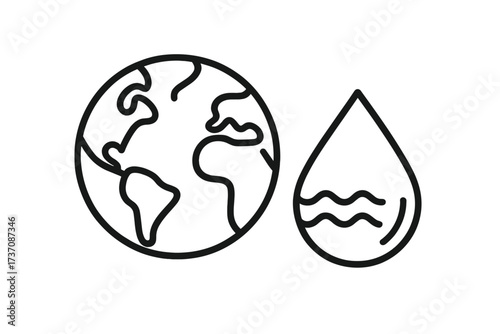Planet Earth and water drop outline icon. World Water Day concept. Ecology, environment, and conservation symbol. Save water, global resource vector illustration.