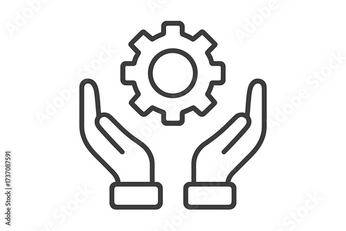 Gear and cogwheel held by hands icon, thin line technology symbol, mechanical engineering concept, maintenance protection service, vector cartoon illustration design
