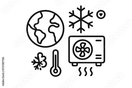 Global cooling concept icon with Earth, snowflake symbols, thermometer, and cooling unit illustration for environmental, climate, and HVAC design, web, apps, adverts