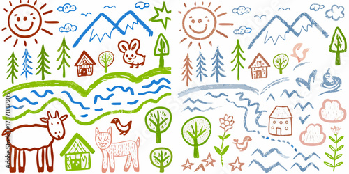 Whimsical hand drawn childrens illustration of a rural landscape with animals and houses