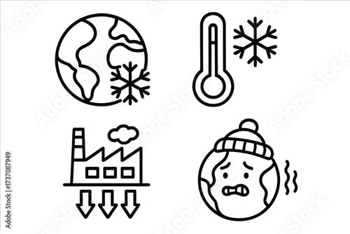 Global Cooling Concept Outline Linear Icons Set with Earth, Thermometer, Snowflake, Factory Emission and Cold Earth Cartoon, Environmental Science, Climate Change Symbols for Web, Apps, Graphic Design