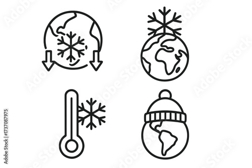 Global cooling outline vector icons set, earth with snowflake symbols, climate temperature drop, cold weather concepts, winter environment, frost and chill, climate change design elements