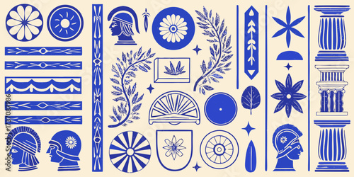 Collection of ancient greek and roman inspired decorative elements and motifs in blue and beige