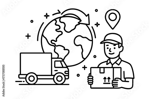 Global delivery concept illustration with delivery truck, courier holding parcel, world map, location pin, transport and logistics outline linear vector cartoon design for apps and adverts