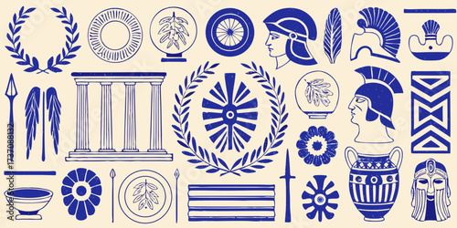 Collection of ancient greek symbols and artifacts featuring helmets laurel wreaths and pottery