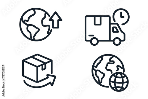 Global delivery icons set in modern outline style, fast shipment truck with clock, worldwide package shipping and export import symbols, vector illustration for design, apps, social networks