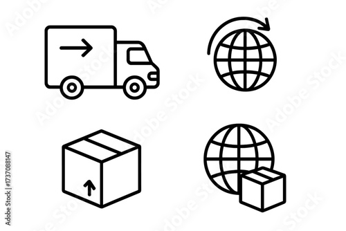Global delivery outline linear icon for graphic design, web design, apps, adverts, various cards, vector cartoon illustration with transparent background, ordered set 1, worldwide shipping concept