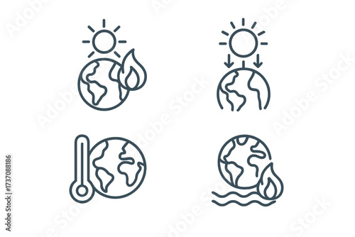 Global warming thin line icon set for web design and apps, vector minimalistic illustration of climate change effects, earth heating, environmental impact, green energy warning