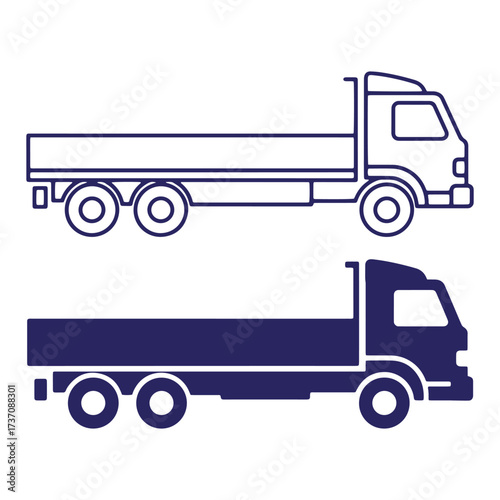 Two stylized line art and solid color cargo delivery truck icons on white background