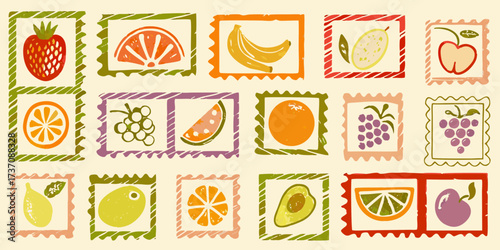 Collection of stylized hand drawn fruits in colorful postage stamp frames on a cream background