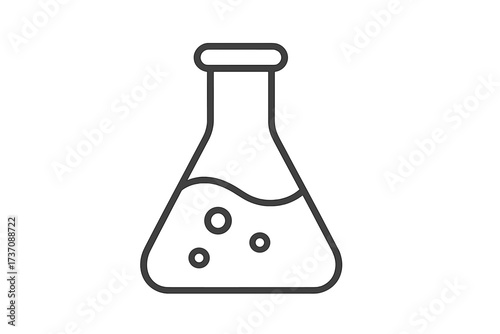 Laboratory flask minimalistic outline icon with bubbles, chemistry glassware vector cartoon illustration for web design, apps, banners, social network, and cards