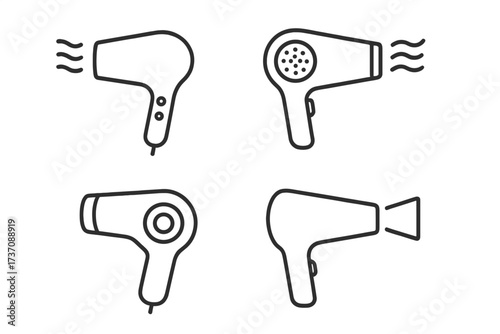 Modern Hair Dryer Outline Icons Set, Minimalist Hair Styling Tool Vector Graphic Collection with Air Flow Symbols for Beauty, Salon, and App Design