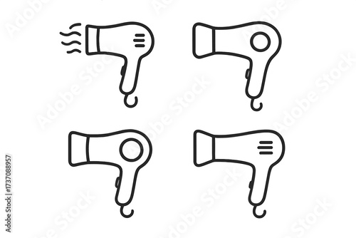 Minimalist Outline Hair Dryer Icons Collection for Web and Graphic Design, Linear Hairdryer Pictograms for Apps, Banners, Social Media, and Digital Projects, Vector Set