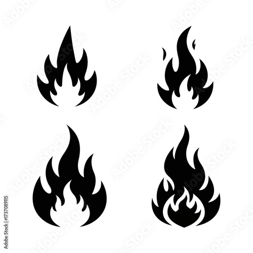 Set of four black fire icons on a white background
