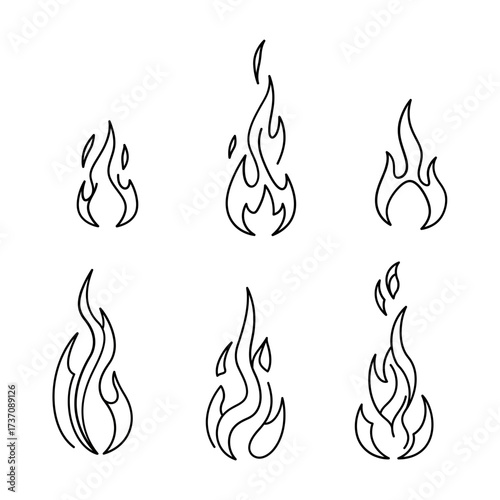 Hand-drawn fire flame outline icons representing heat, energy, and passion