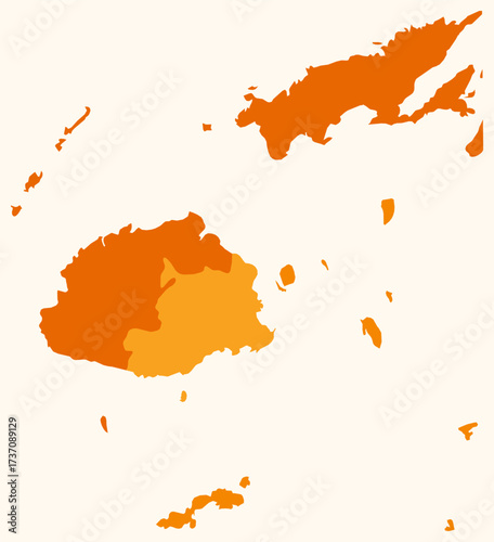 Map of Fiji with regions. Just a simple country border map with region division. Orange color palette. Plain Republic of Fiji shape with administrative division. Vector illustration.