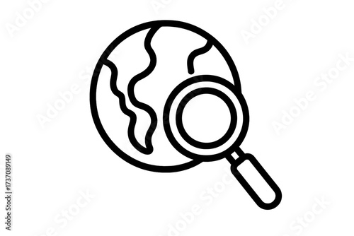 Minimalistic Vector Icon of Magnifying Glass Over Planet Earth, Search, Exploration, Zoom Concept for Web, Apps, Banners, Social Media and Graphic Design Decor