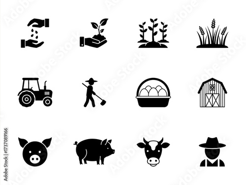 Collection of Farming and Agriculture Icons Tractor, Barn, Animals, and Crops