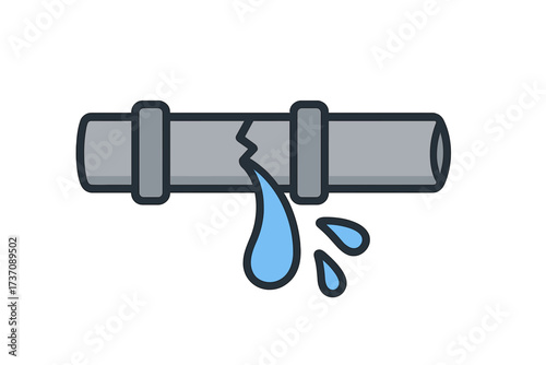 Broken pipe with water leak icon, vector cartoon illustration for plumbing repair, leak detection, water damage concept, home maintenance, transparent background