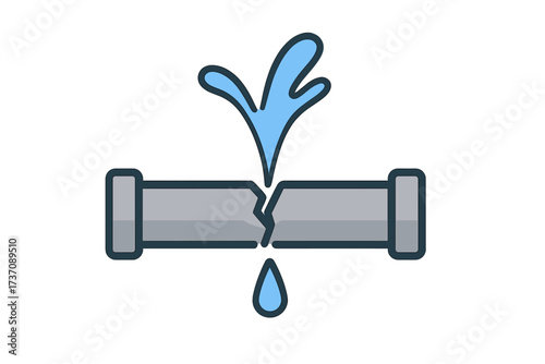 Broken water pipe leak icon. Vector cartoon illustration of cracked plumbing with flowing water and dripping drop. Plumbing damage concept for apps, graphics, and repairs.