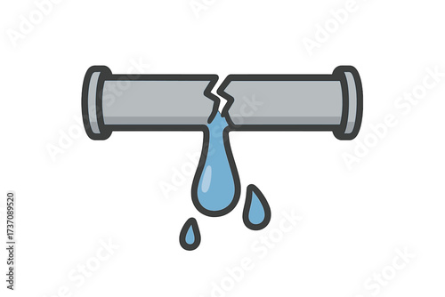 Vector cartoon broken pipe leaking water icon, cracked pipe with water drops, plumbing leak concept, simple flat design with transparent background for apps and graphics