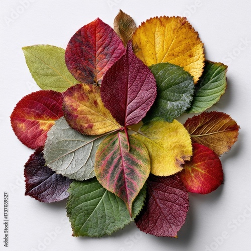 Vivid autumn leaves in various colors arranged on a white surface