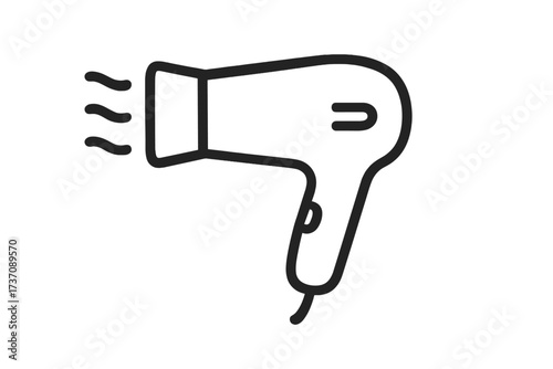 Simple black line icon of hair dryer with heat waves, vector cartoon illustration for graphics design, apps, and digital projects, transparent background, minimal beauty tool concept