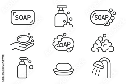 Minimalistic Skin Care Line Icon Set with Soap, Foam, Hand Wash, Liquid Dispenser, Shower and Hygiene Symbols, Vector Linear Pictograms for Web, Apps, Banners, and Social Media