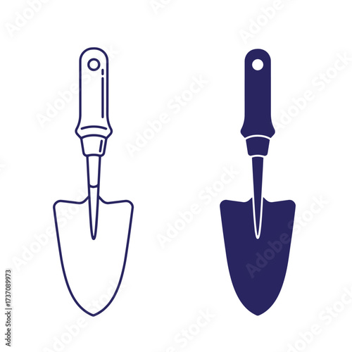 Two vector illustrations of a garden trowel outline and solid color design