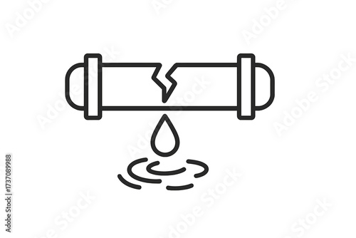 Thin Icon of Broken Water Pipe Leak Dripping Drop, Vector Illustration for Concept, Graphics, Apps, Plumbing Repair, Water Damage, Transparent Background, Cartoon Style