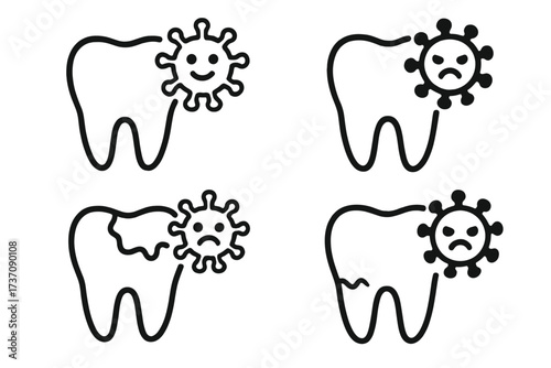 Tooth virus icon set, dental cartoon illustrations with happy and angry germs, tooth decay and cavity infection vector graphics, dental health concept, transparent background