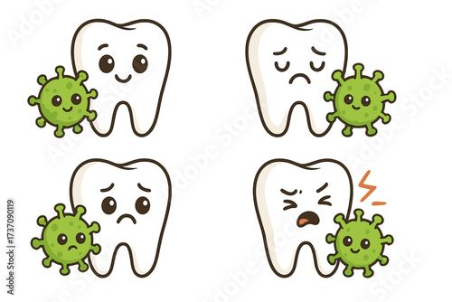 Cute cartoon virus on tooth icon set, dental health concept, tooth decay progression, smiling and sad tooth vector illustrations, oral hygiene, bacteria infection, dental care awareness