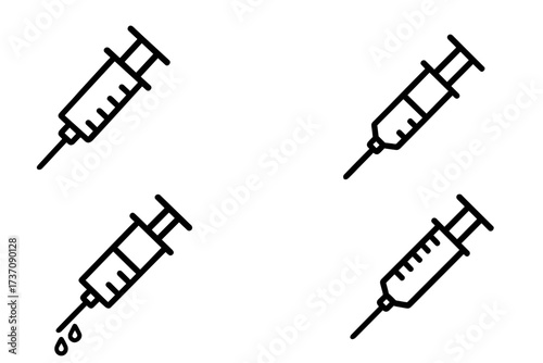 Syringe line icon bundle, minimalistic linear syringe pictograms for medical web and graphic design, app UI, banners, social media, healthcare vector cartoon illustrations