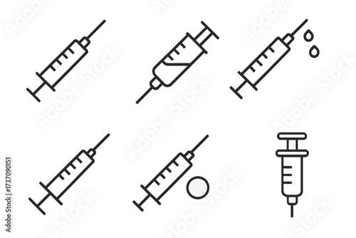 Minimalistic Syringe Icon Pack, Linear Medical Syringe Vector Pictograms for Web Design, Apps, Banners, Social Media, Healthcare, Injection, Vaccination Concepts