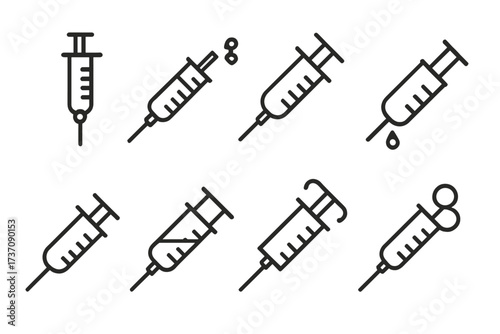 Syringe line icon set, minimalistic linear pictograms for medical, healthcare, vaccination, injection, drugs, IV therapy, apps, websites, banners, social media, vector cartoons pack