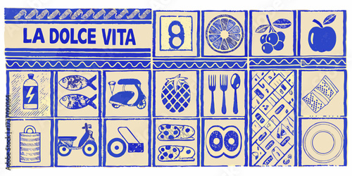 La dolce vita italian lifestyle collage featuring food transportation and leisure activities