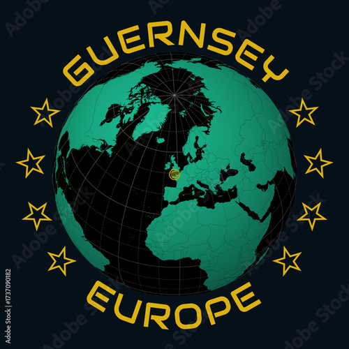 Guernsey on Globe. Round country and continent name text. Country view on world map in Black Emerald color palette. Guernsey shape on map. Authentic vector illustration.