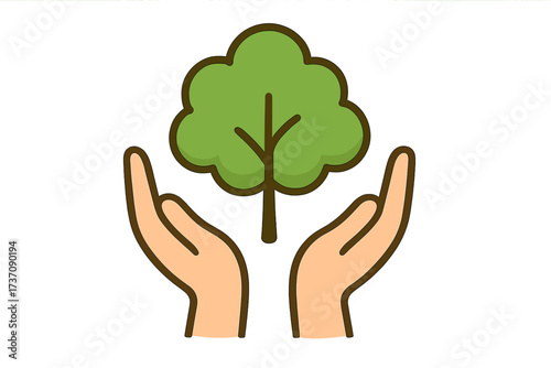 Hands holding a tree. Environment protection and conservation concept. Nature, ecology, and growth symbol. Vector icon for sustainability, planting, new life, and a green future.