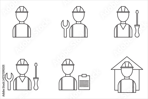 worker line icon set illustration vector graphic, Engineer icon isolated white background vector stock illustration.