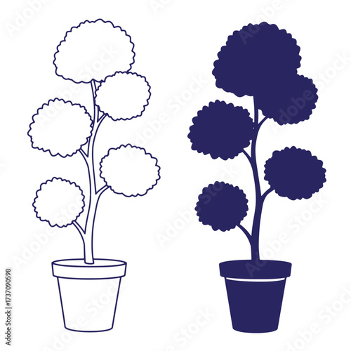 Vector illustration of a potted topiary plant in both line art and solid color styles
