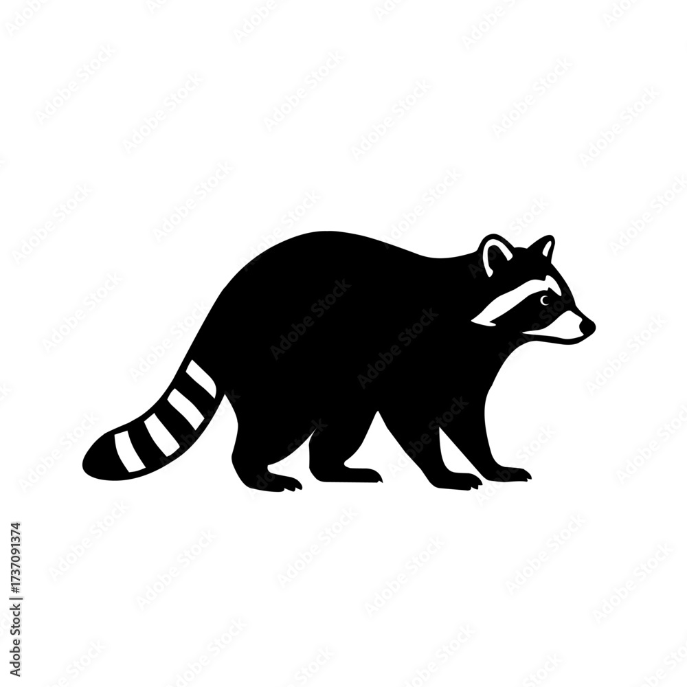 Fototapeta premium Vector silhouette of a raccoon in black, isolated on white background. Ideal for wildlife symbol, forest animal illustration, logo design, or nature and outdoor graphic element