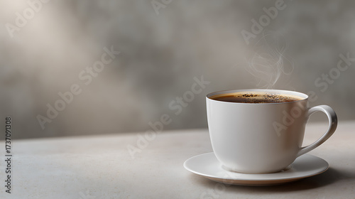 Aroma of Fresh Coffee in White Ceramic Cup with Steam on Speckled Surface