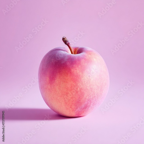 A pink apple on a pink background, casting a shadow. Detailed light and smooth surface