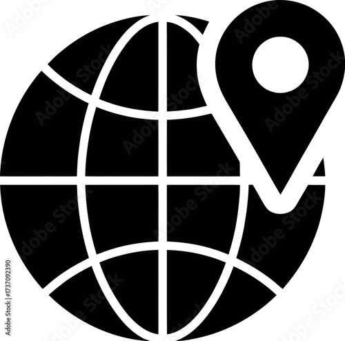 A black and white globe with grid lines and a location pin icon on the right side of the globe design, Illustrator Artwork