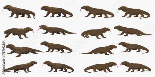 A grid of sixteen brown Komodo dragons or large monitor lizards in various walking poses, isolated on a transparent background, showcasing different stages of movement.