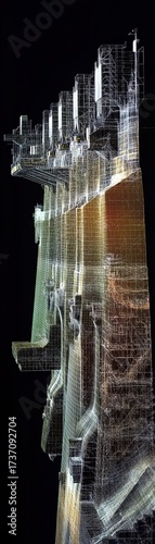 Illuminated skyscraper at night. Innovative design with vibrant lights, showcasing modern architecture against a dark sky.